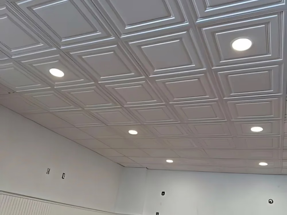 Drop ceiling installation with recessed lighting and decorative square panels in a clean, modern interior.